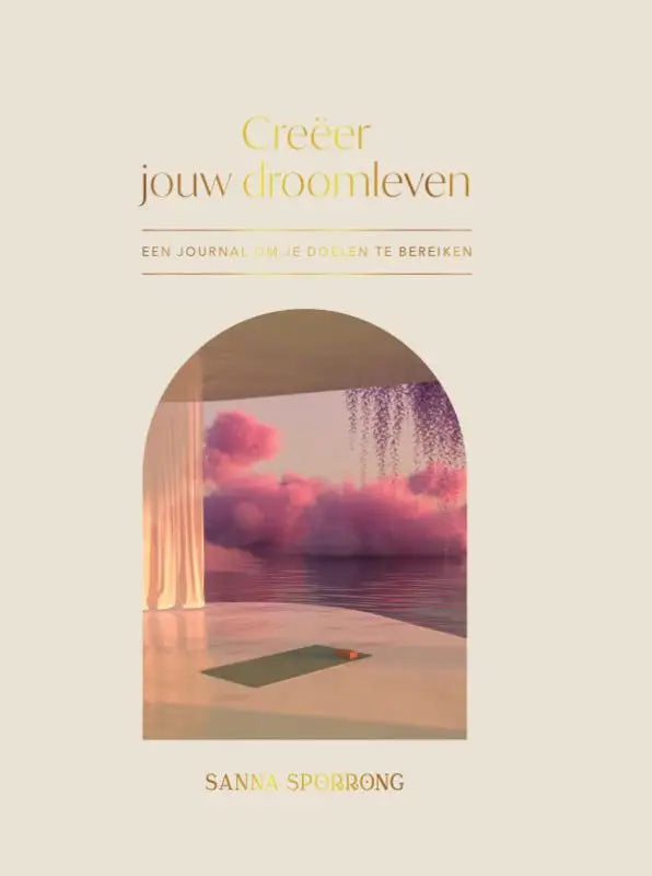 Een zacht crèmekleurig journal met een raamzicht op een roze lucht en wilgentakken om doelen te bereiken