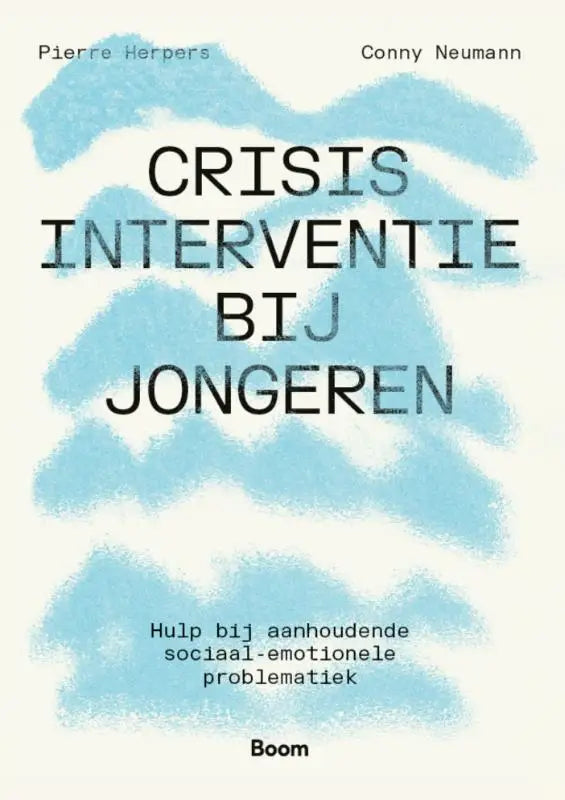 De boekcover van crisisinterventie bij jongeren toont zwarte tekst op een blauw aquarel achtergrond over aanhoudende sociaal-emotionele problematiek voor jonge lezers