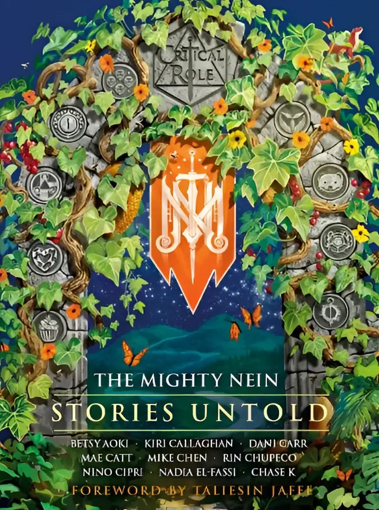 Critical role the mighty nein stories untold book cover with ornate orange shield and silver lettering