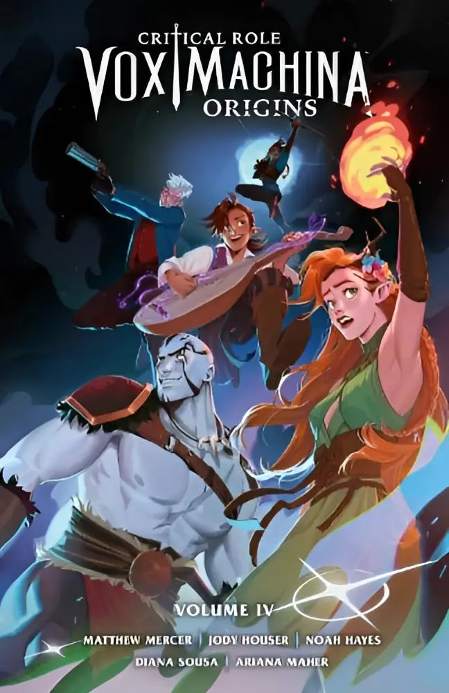 De cover van critical role vox machina origins volume iv toont dynamische actiepersonages tegen een donkere achtergrond