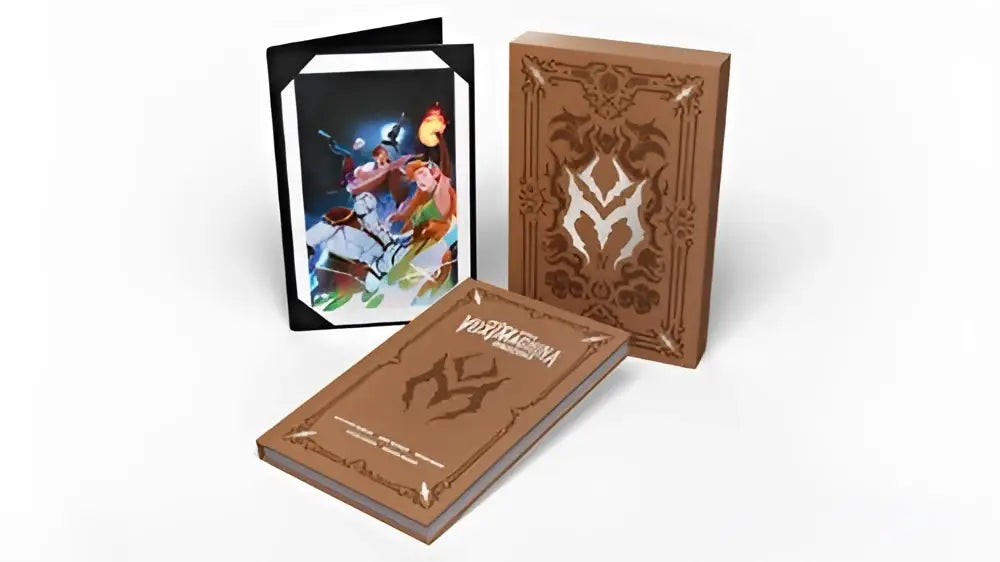 Bruine ornaten boek met goudreliëf en een logo van critical role vox machina origins volume iv deluxe editie