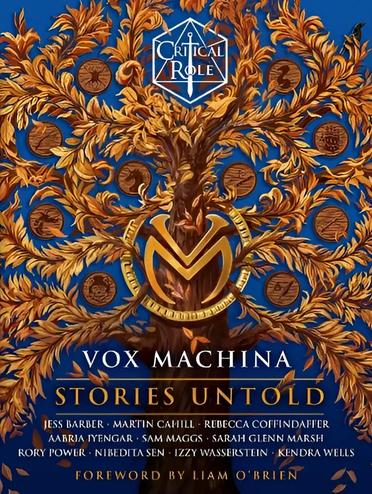 De cover van critical role vox machina--stories untold toont een gouden boom met sierlijke takken op een blauwe achtergrond