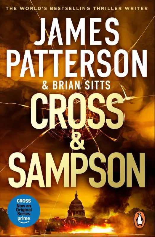 De boekcover van cross and sampson door james patterson en brian sitts toont een oranje zwarte vlammenlucht boven de vs