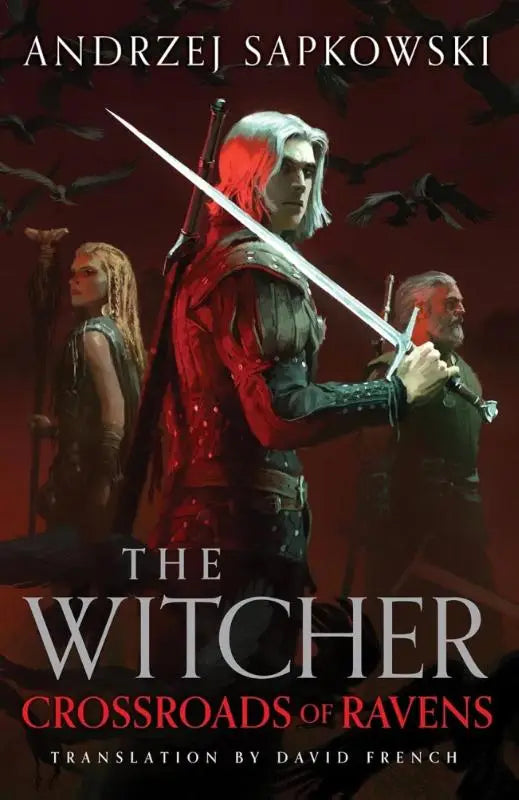 Cover van witcher novel starring geralt with zilver haar en zwaard tegen zwarte raven achtergrond