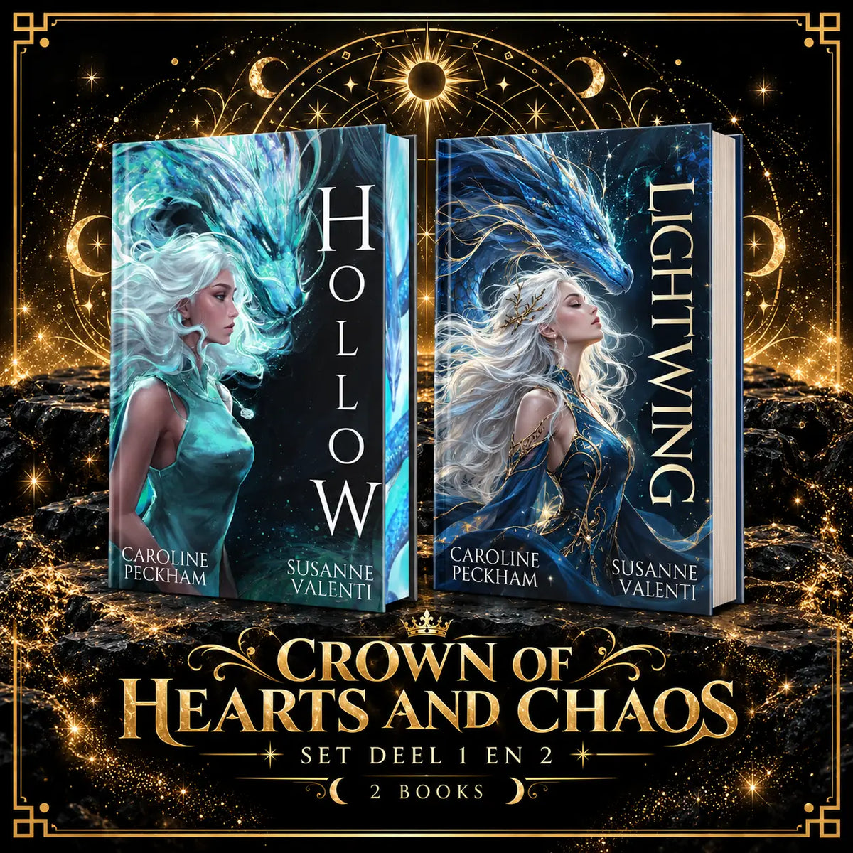 Twee fantasy hardcover boeken hollow en lightwing met vrouw en draak cover van caroline peckham en susanne valenti in hearts and chaos set