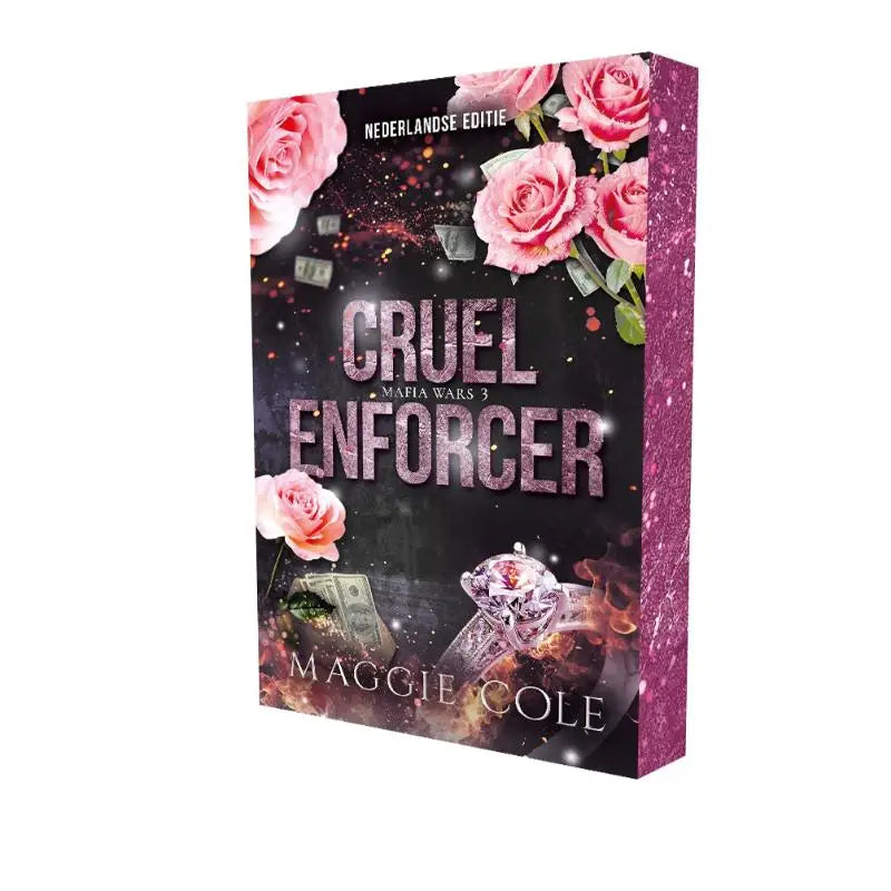 Hardcoverboek cruel enforcer van maggie cole met roze glitter, zwarte omslag, roze rozen en diamantmotief van mafia wars