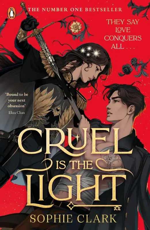 De cover van het boek cruel is the light door sophie clark met een illustratie van een stel op een rode achtergrond
