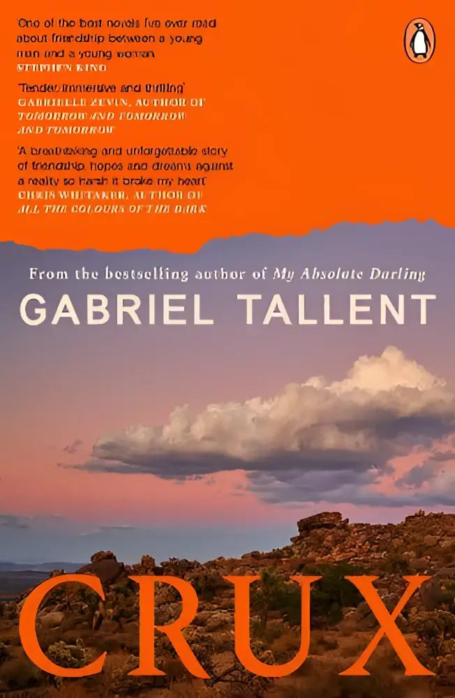 De boekomslag van crux van gabriel tallent toont de titel in oranje met een dramatische lucht en rotsachtig landschap, focus op literaire fictie en narrative theme