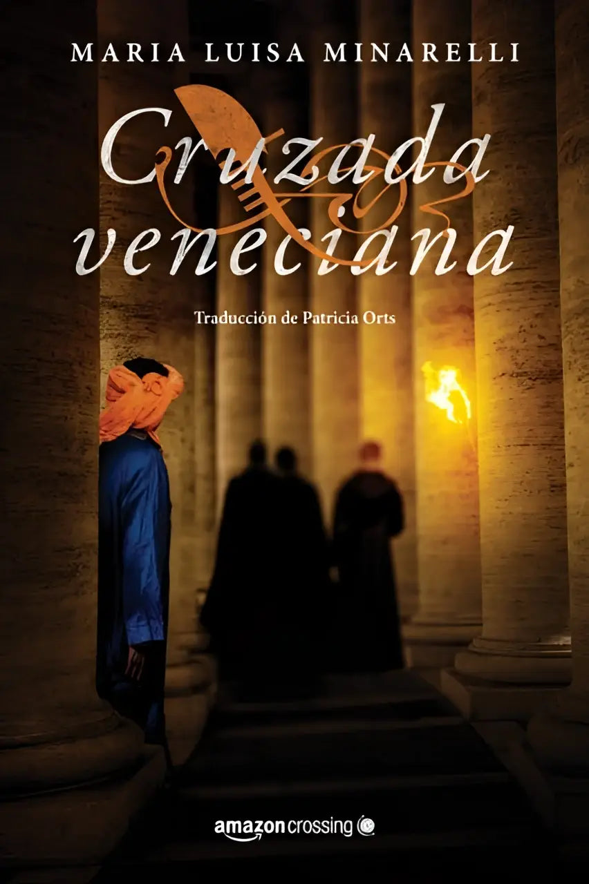 De boekomslag van cruzada veneciana toont elegante gouden cursieve letters en een sierlijke bloem boven de titel met mysterios venecianos