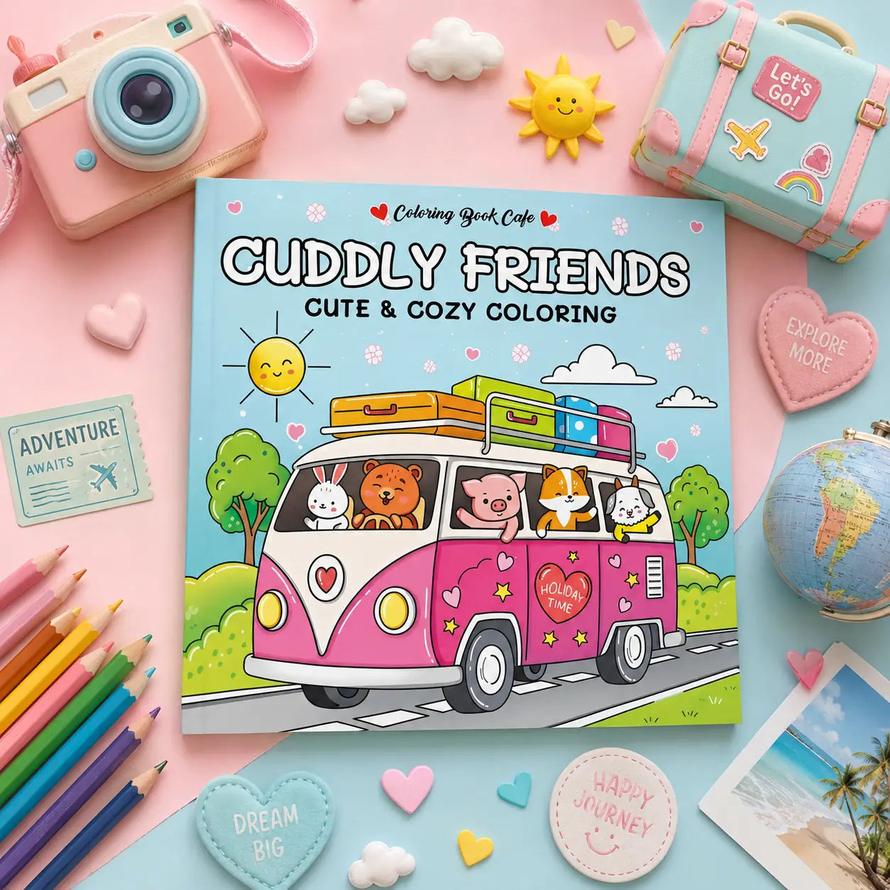 Pink en witte vintage van met kawaii dieren en kleurrijke koffers op het dak voor cuddly friends kleurboek cozy colouring book