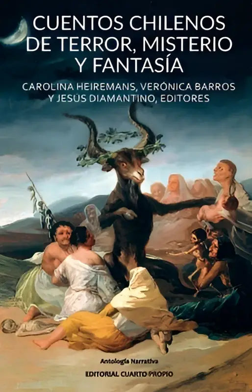 Boekcover van cuentos chilenos met een donkere schildering van een gehoornde figuur en klassieke personages tegen een stormachtige lucht