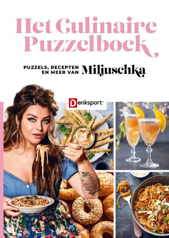 Cover van het culinaire puzzelboek van miljuschka met een vrouw in blauwe jurk en diverse gerechten weergegeven