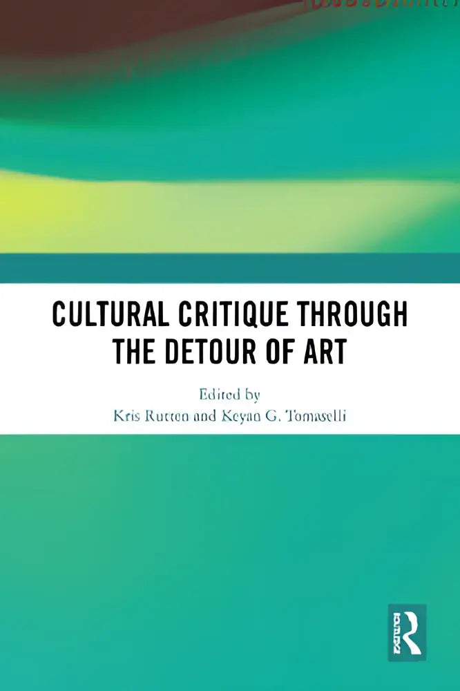 Het boek cultural critique through the detour of art heeft een gladde teal en groene verloopkleuren met zwarte titel