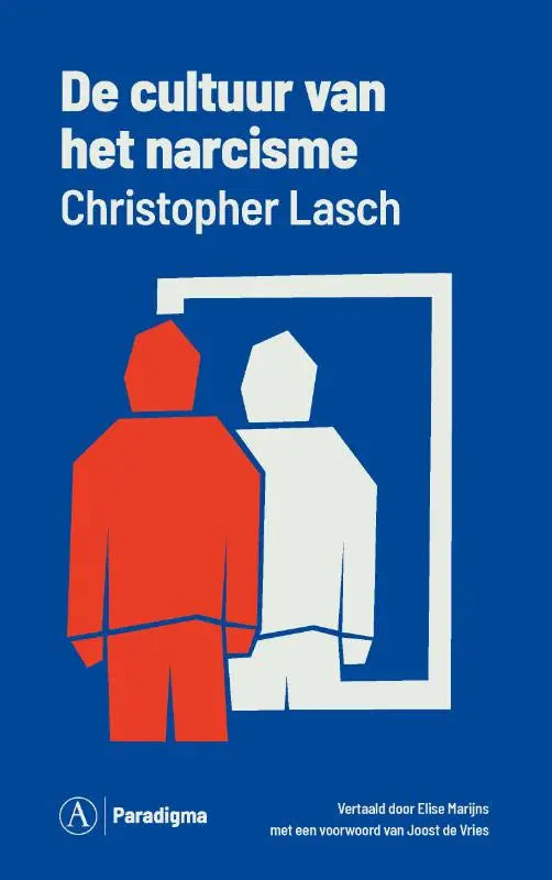 Blauw boek met minimalistische illustratie van twee gestileerde figuren voor een spiegel over afnemende verwachtingen