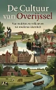 Gedetailleerde historische illustratie van overijssel met rode bakstenen gebouwen en bomen bij moderne identiteit