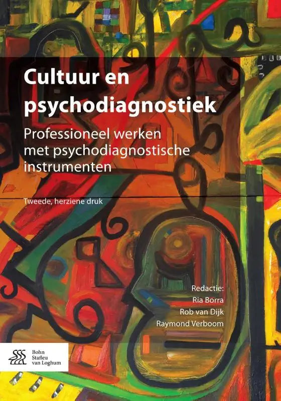 Het boek cultuur en psychodiagnostiek van bsl media heeft een levendige abstracte omslag in rood groen geel en zwart voor psychologie algemeen en sociale psychologie