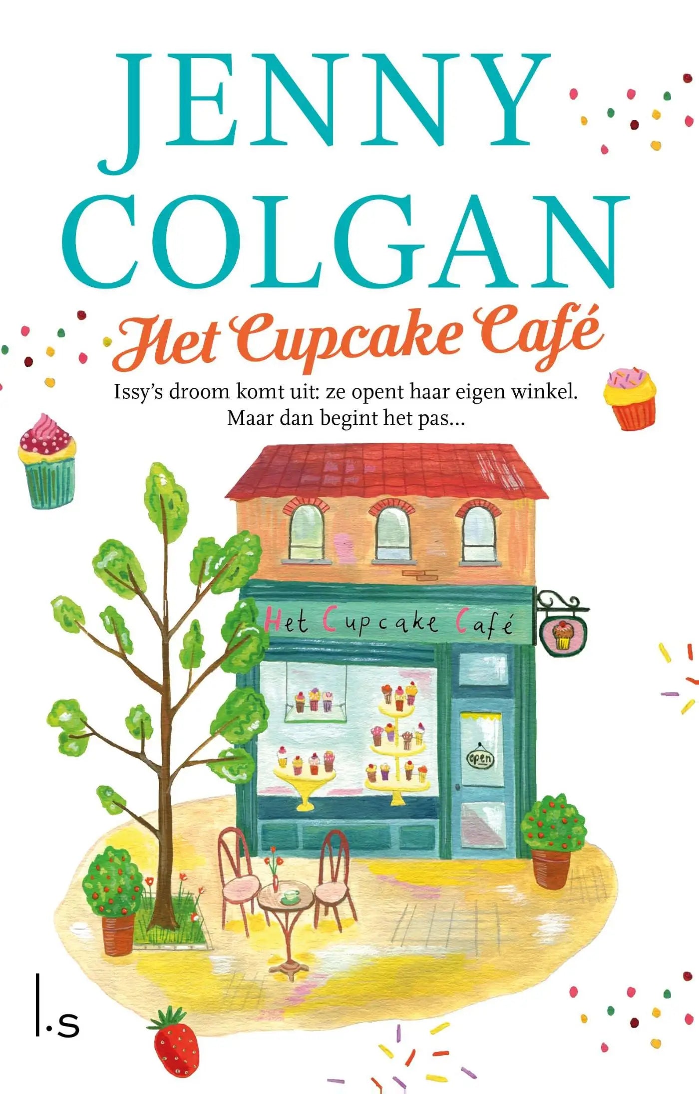 Het boek het cupcake café door jenny colgan toont een charmant café met teal en oranje accenten feelgood romance