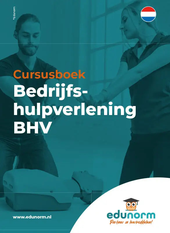 Teal cursusboek bedrijfshulpverlening bhv met oranje en witte tekst en edunorm logo rechtsonder