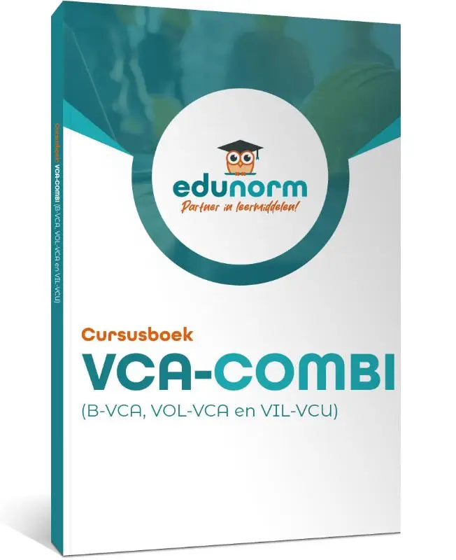 Teal en witte hardcover cursusboek vca-combi van edunorm voor veiligheidsopleidingen