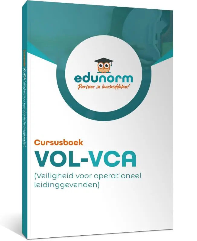 Teal en wit hardcover cursusboek vol-vca van Edunorm met een uil logo voor veiligheidstraining