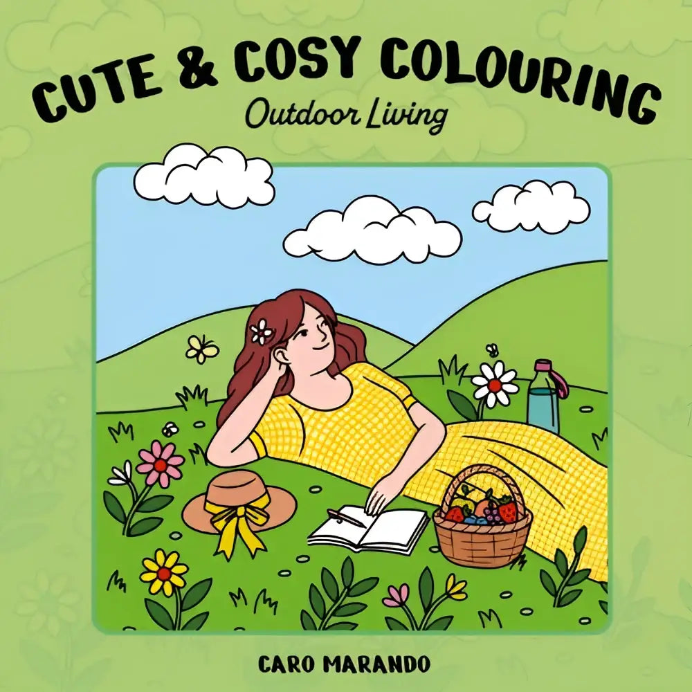 Cute & cosy colouring boek met een vrouw in een geel geruit jurkje genietend van een outdoor living picknickscene