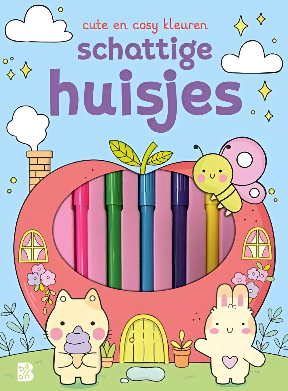 Een set kleurrijke cosy kleuren stiften in een schattig huisje in de vorm van een roze appel met cartoondieren voor een nederlandstalig hardback