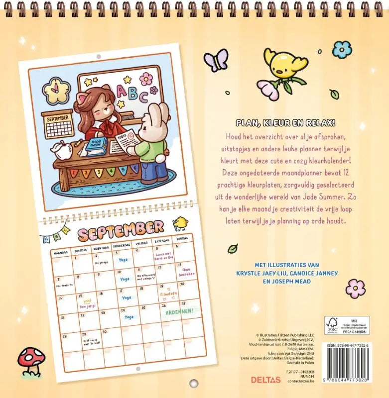 Een charmante september kalender met een cartoon meisje en konijn in een klaslokaal voor de cozy kalender jade summer