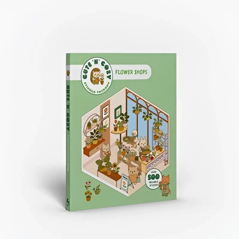 Groen hardcoverboek flower shops met cartooninterieur van bloemenwinkel en schattige dieren voor cozy sticker therapy