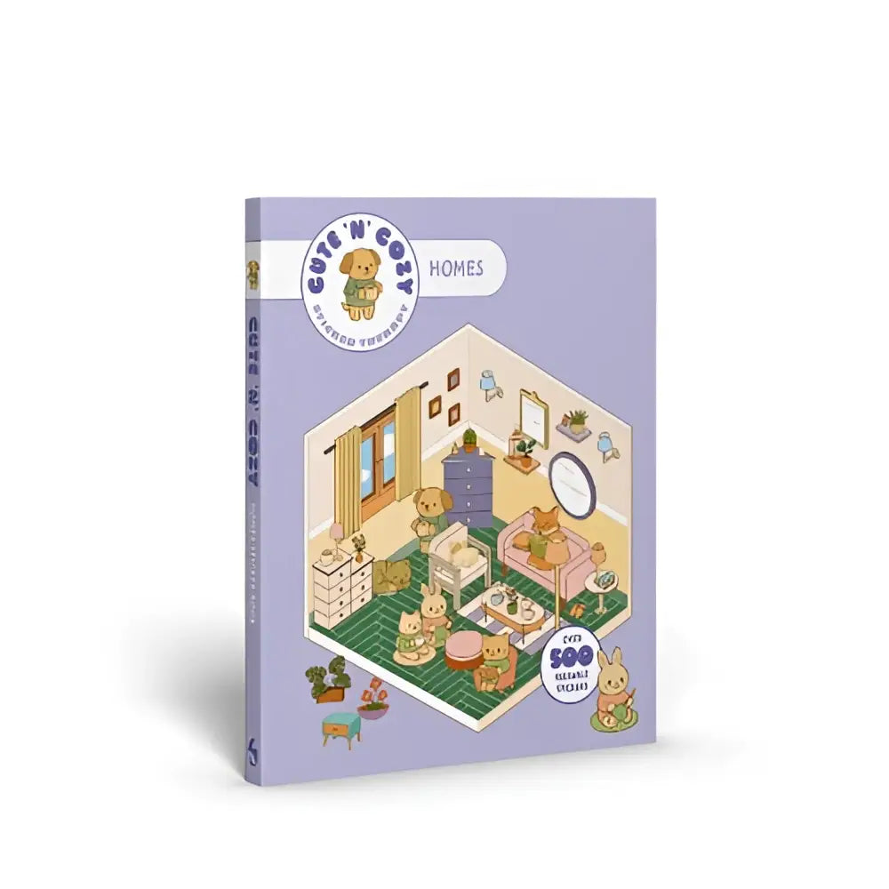 Paarse hardcover boek cute n cozy met isometrische illustratie en cartoon dieren voor cozy sticker therapy homes
