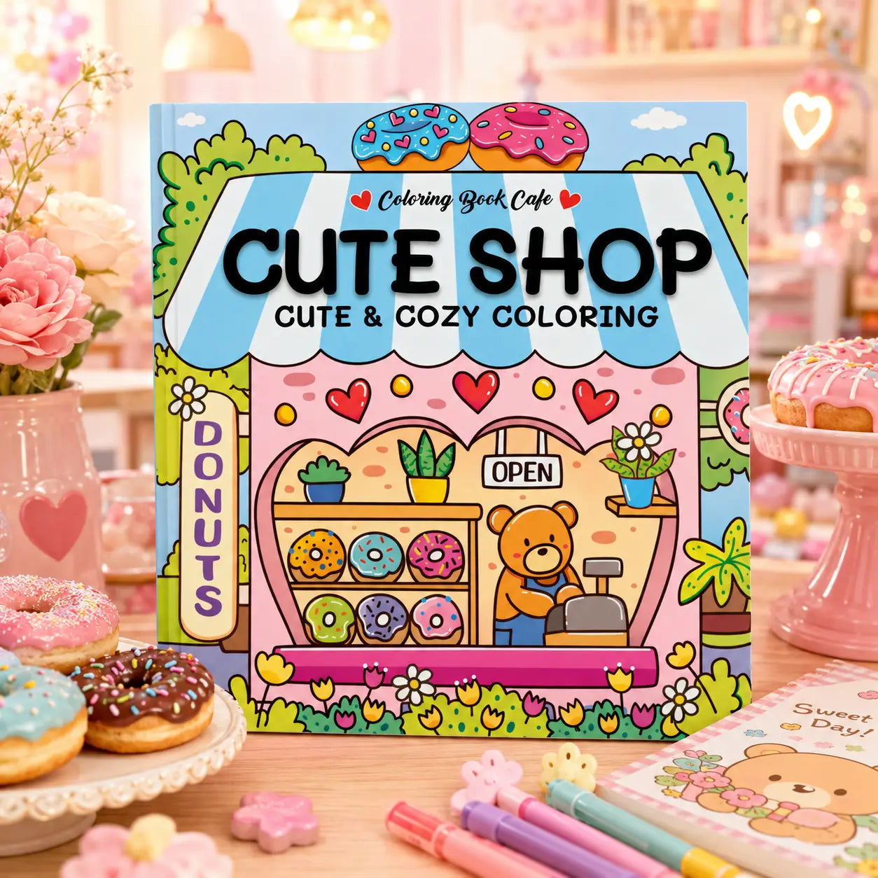 A kleurrijk cute shop kleurboek met kawaii illustraties van donutwinkel en berenkassa in pastelroze, blauw en groen