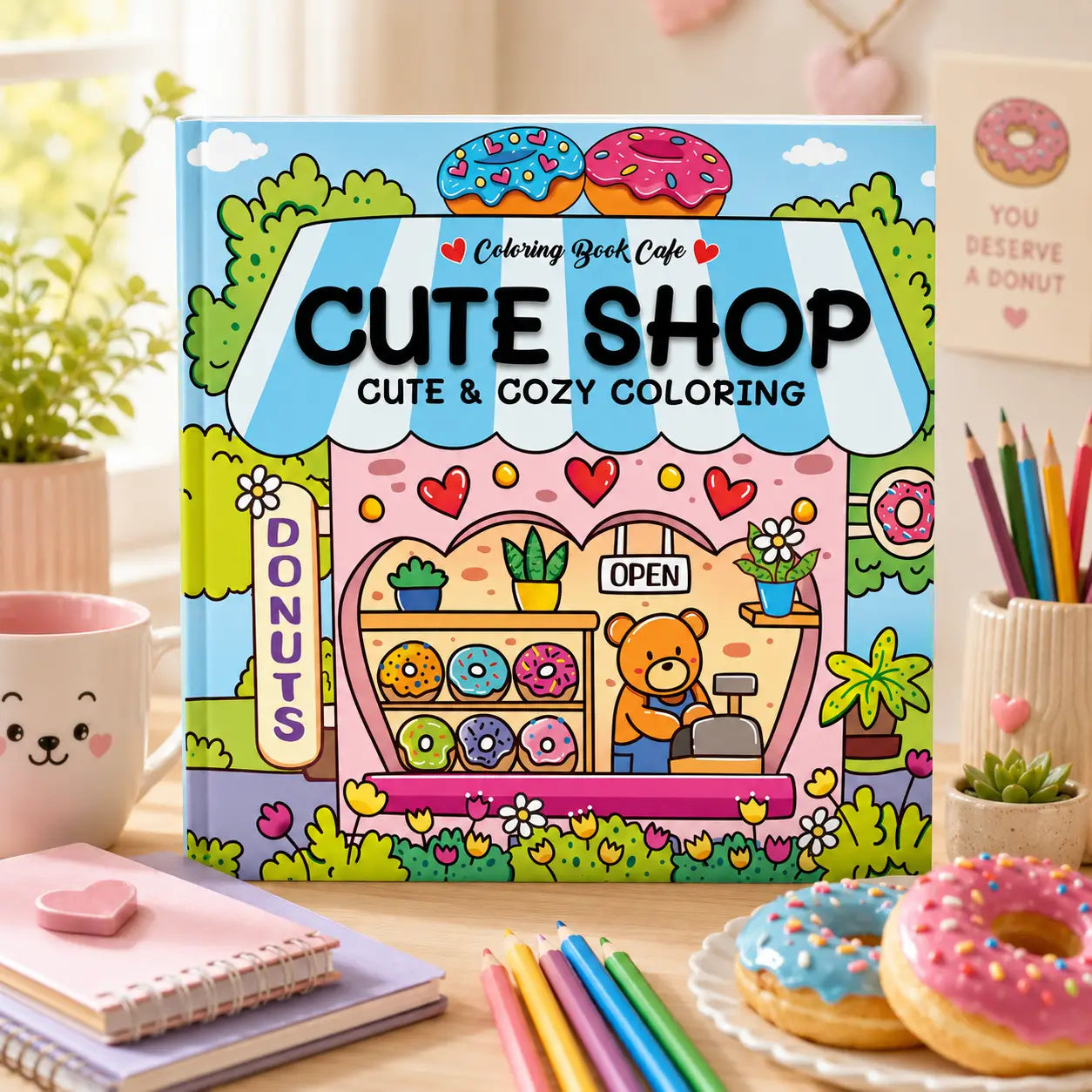 Kleurboek cute shop met kawaii illustraties van een donut café in pastel roze en blauw, een cozy colouring book hardcover