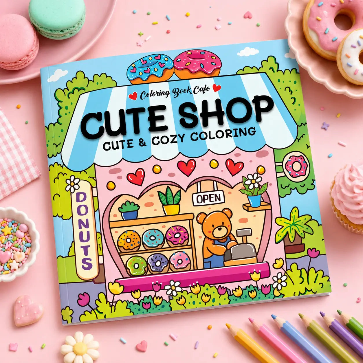 Cute shop kleurboek met roze en blauwe strepen en kawaii illustraties van een donutwinkel met teddy kassier in cozy colouring book stijl