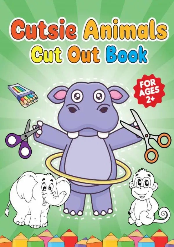 Paarse cartoonnijlpaard met schaar en hoelahoep tussen cut out dierenillustraties in cutsie animals knipboek voor kinderen
