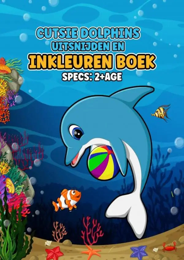 Blauwe cartoon dolfijn met kleurrijke gestreepte strandbal in cutsie dolphins cut inkleuren boek voor leeftijd 2+