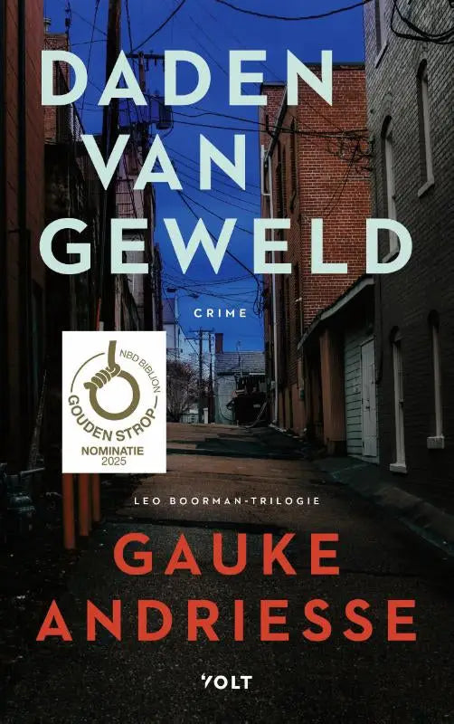 De boekcover van daden van geweld toont witte en oranje tekst op een donkere steeg met thema literaire thriller van gauke andriesse en leo boorman