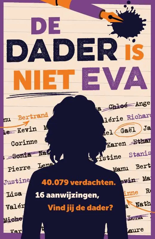 De boekcover van de thriller de dader is niet eva toont paars-oranje tekst en een zwart silhouet op gelinieerd papier, extreem verslavend