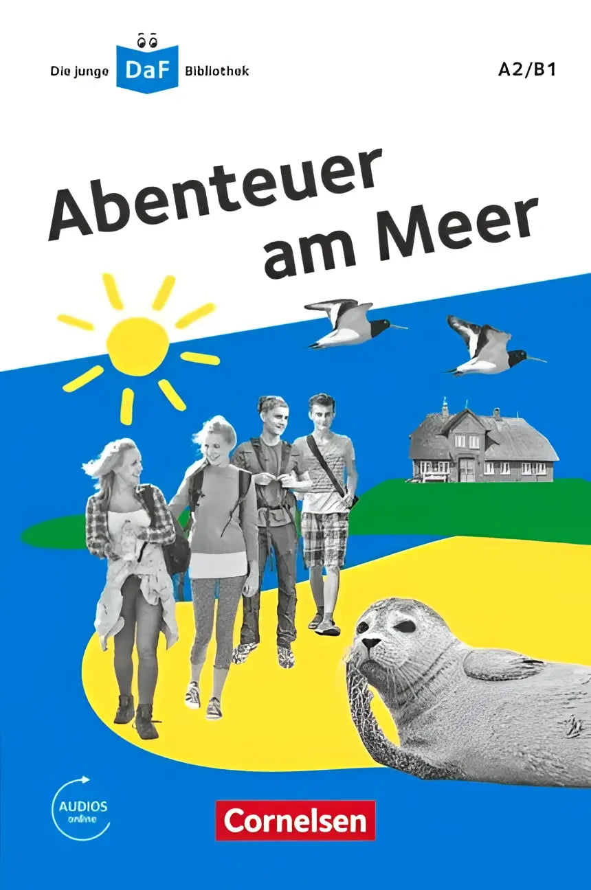 Blauw en geel geïllustreerde boekomslag van die daf-bibliotheek avontuur am meer met jonge mensen en zeezicht niveau a1-b1