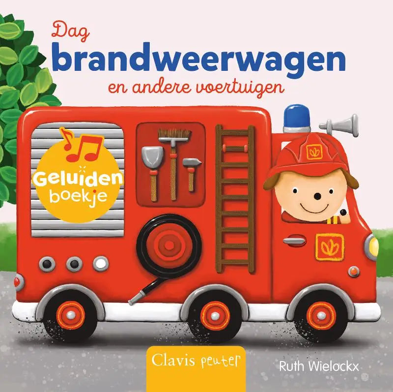 Illustratie van een rode dag brandweerwagen met een glimlachende brandweerman en gereedschap voor jonge lezers