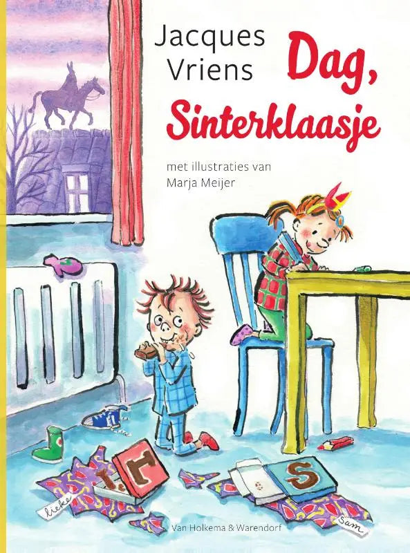 De cover van het kinderboek dag sinterklaasje door jacques vriens toont kleurrijke illustratie met twee jonge lezers in pyjama’s