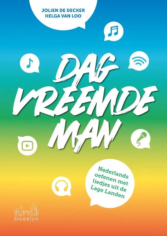 De boekcover van dag vreemde man toont de titel in witte penseelletters op een kleurrijke achtergrond voor nederlands oefenen
