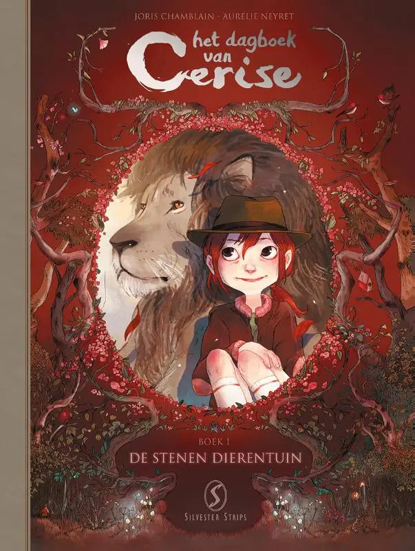 Het geïllustreerde kinderboek het dagboek van cerise met een meisje in een bruine hoed naast een witte leeuw in een rode cirkel