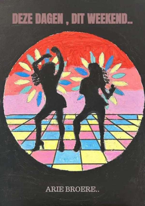 Vibrante retrostijl poster door arie broere met dansende silhouetten en kleurrijke geometrische achtergrond