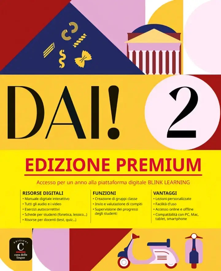 De cover van het dai 2 edizione premium libro dello studente en essercizi edizione premium in geel met blauw en rood