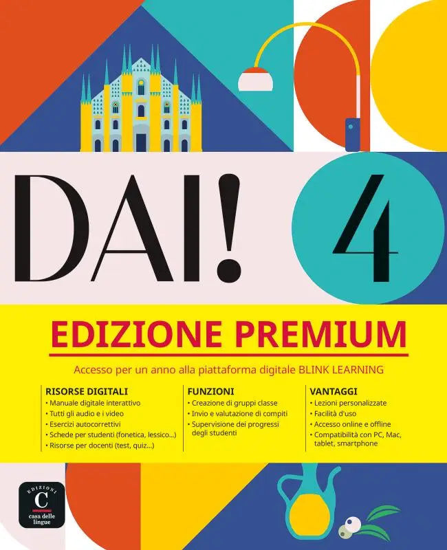 Het boek ’dai 4 edizione premium’ met zwart-rode typografie en illustraties voor libro dello studente en essercizi edizione premium