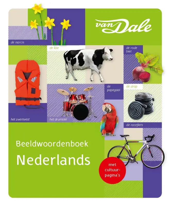 De cover van het van dale beeldwoordenboek nederlands toont een kleurrijke collage met illustraties van nederlandse woorden