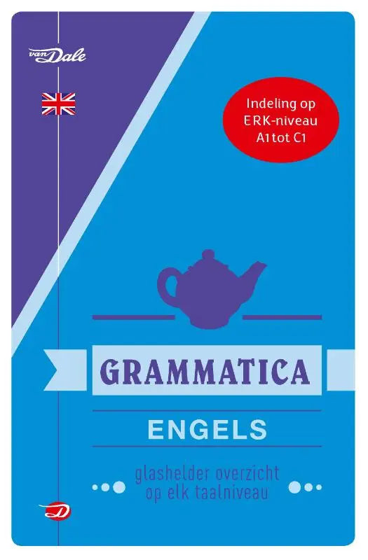 Blauw paarse van dale grammatica engels boek met theepot illustratie voor helder overzicht op elk taalniveau