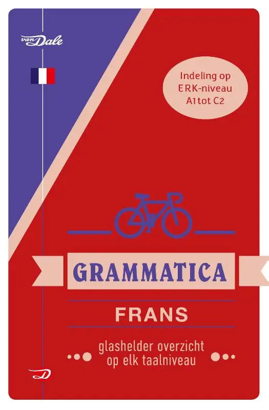 Red en blauwe hardcover van dale grammatica frans met fietsillustratie op de omslag