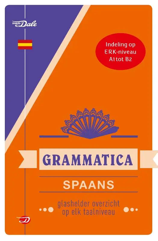 Van dale grammatica spaans boek met oranje en paarse omslag en decoratieve waaierillustratie voor grammatica spaans
