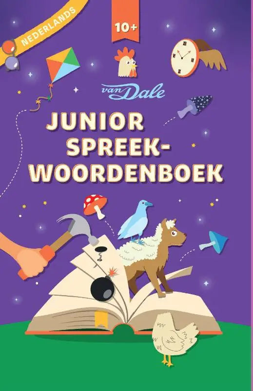 Van Dale Junior spreekwoordenboek kindervocabulaireboek paars met speelse dierenillustraties uit open boek