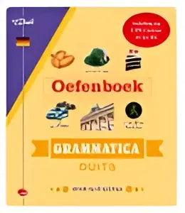 Van Dale oefenboek grammatica duits met kleurrijke omslag en illustraties van boeken en potloden
